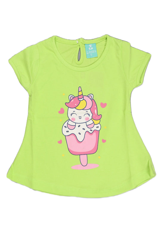 Neon green kids cotton t-shirt with cute unicorn ice cream graphic and pink hearts