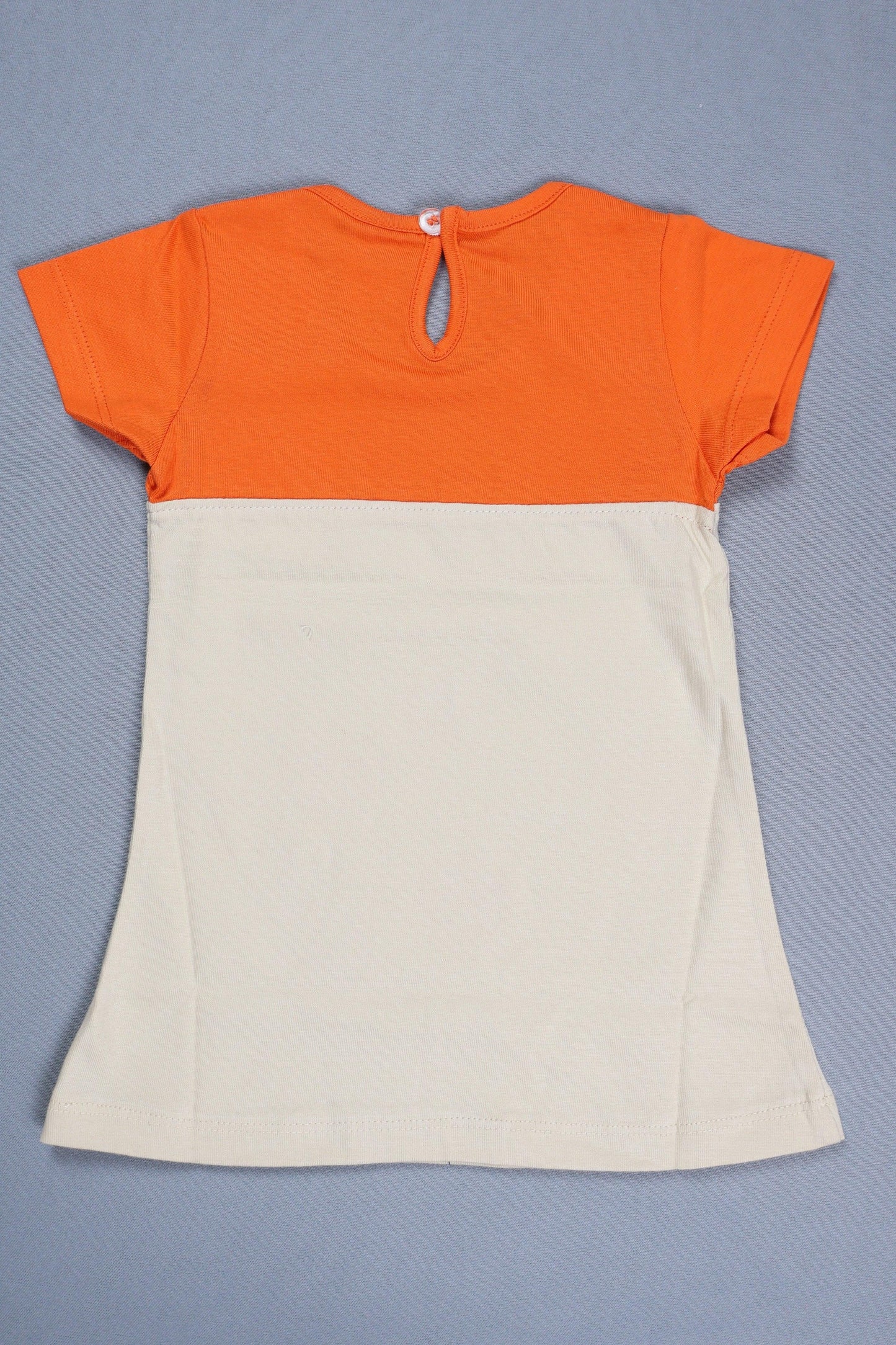 Short sleeve kids cotton dress with orange top and beige bottom, back button detail
