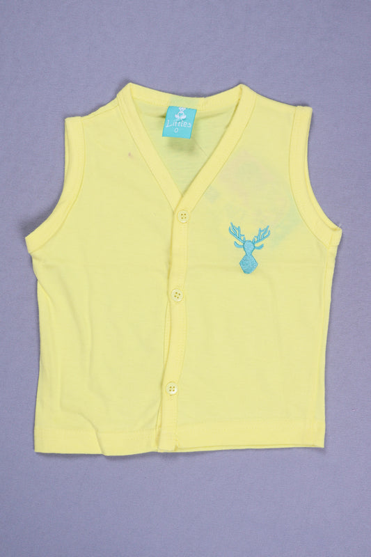 Yellow sleeveless cotton baby vest with blue deer embroidery and button closure