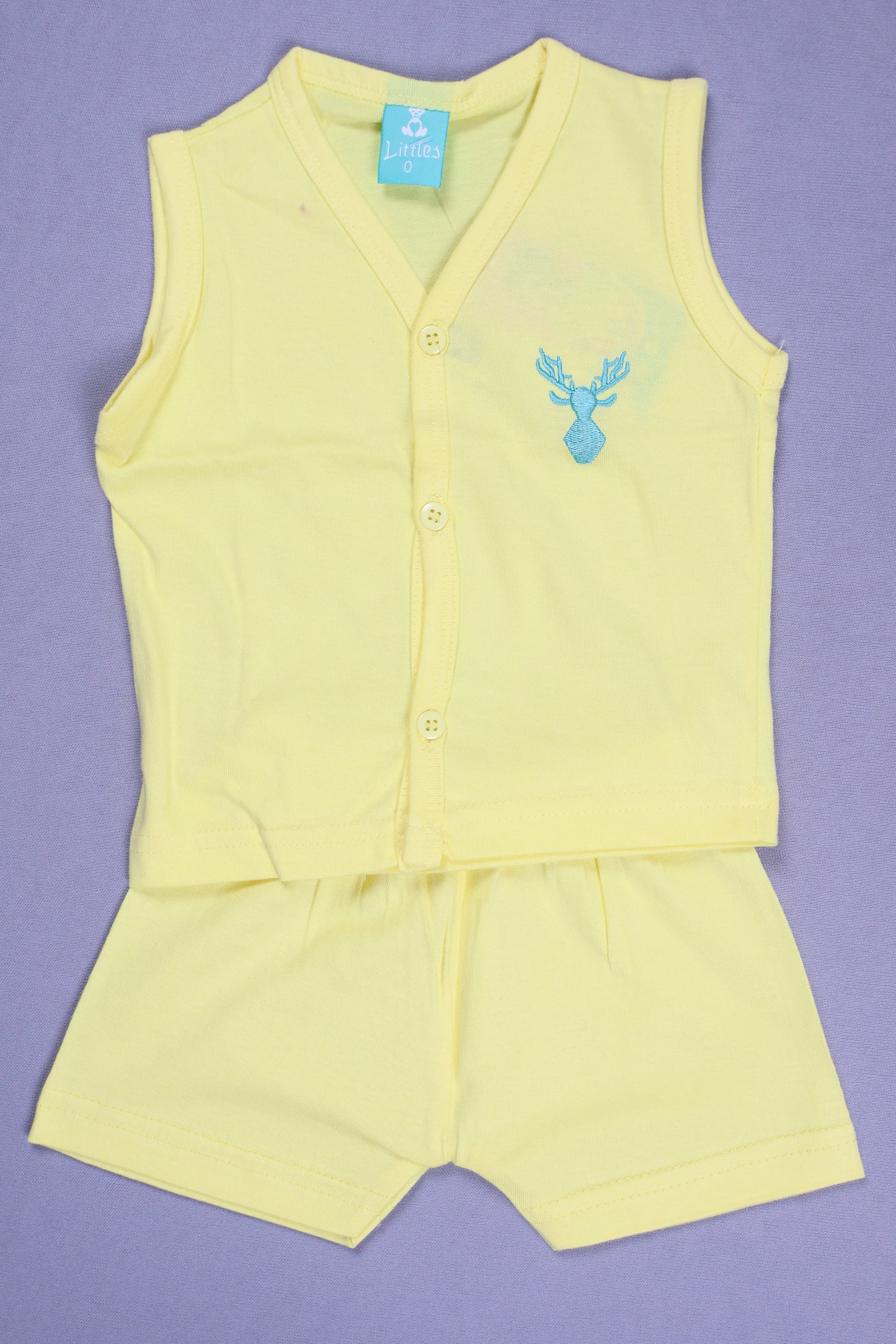 Yellow sleeveless cotton kids vest and shorts set with blue deer embroidery