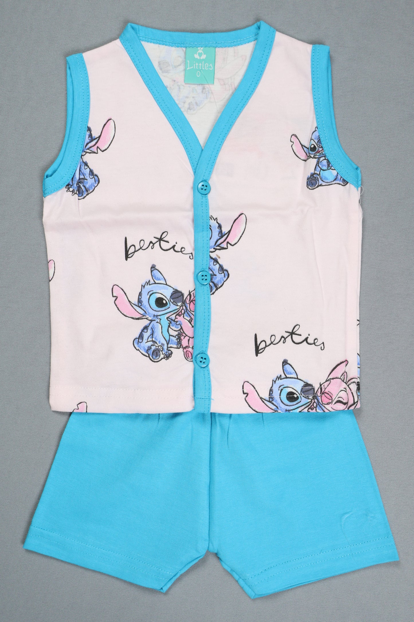 Sleeveless kids cotton shirt and shorts set with cartoon print and blue trim on grey background