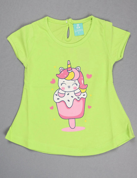 Neon green kids cotton t-shirt with unicorn ice cream graphic and pink hearts