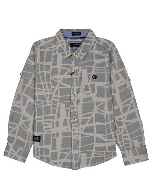 Fyst Boys' Grey and Off-White Abstract Geometric Pattern Long-Sleeve Button-Down Shirt, flat lay view on black background.