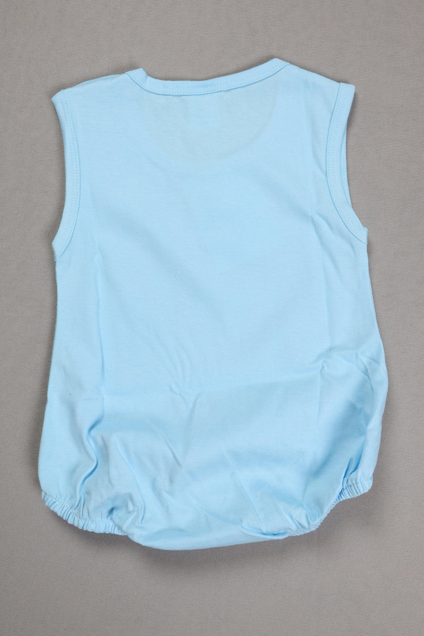 Light blue sleeveless infant romper made of soft cotton, back view, on gray background