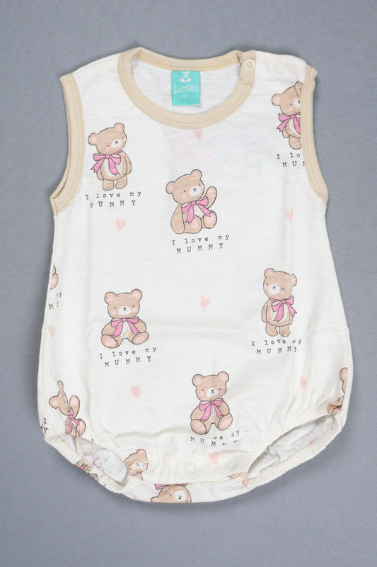 Baby romper with teddy bear pattern on a gray background