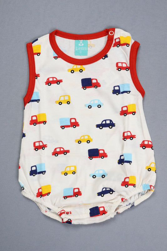 Baby romper with colorful car pattern on a gray background