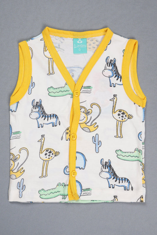 Baby onesie with colorful animal pattern on a gray background