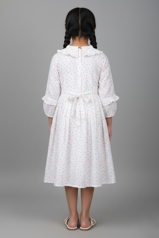 White floral dress worn by a person on a gray background