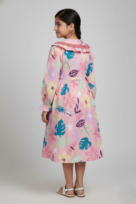 Fyst Premium Tropical Bloom Cotton Frock for Girls – Blush Pink