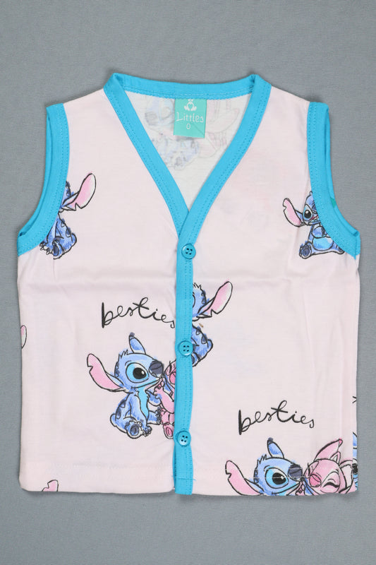Sleeveless baby vest with blue trim, cartoon character and besties print on light pink cotton