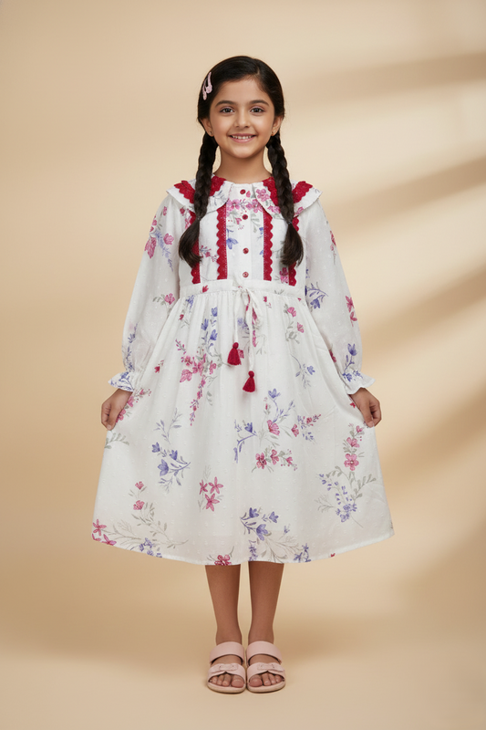 Fyst Premium Floral Print Long Sleeve Frock for Girls – Pearl White