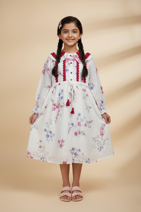 Fyst Premium Floral Print Long Sleeve Frock for Girls – Pearl White
