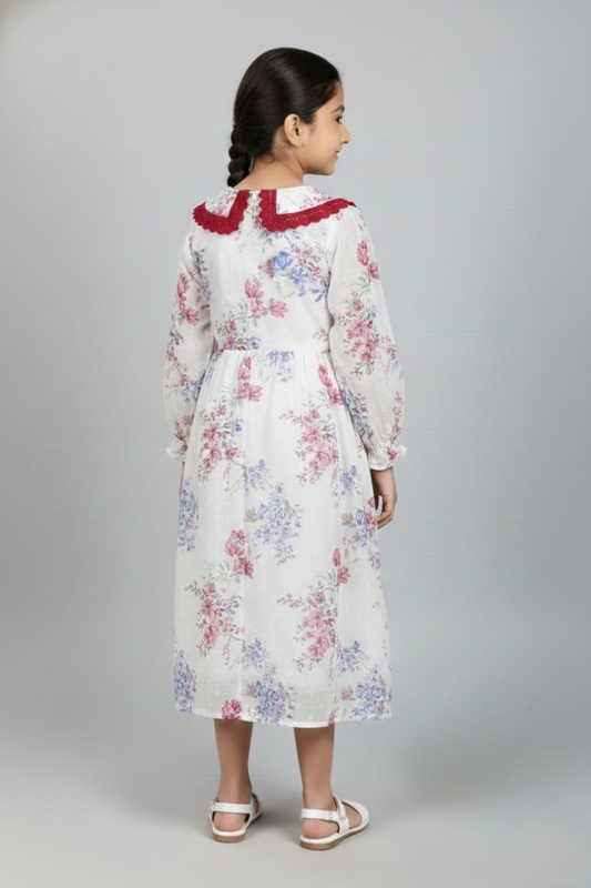 Fyst Premium Floral Print Long Sleeve Frock for Girls – Pearl White