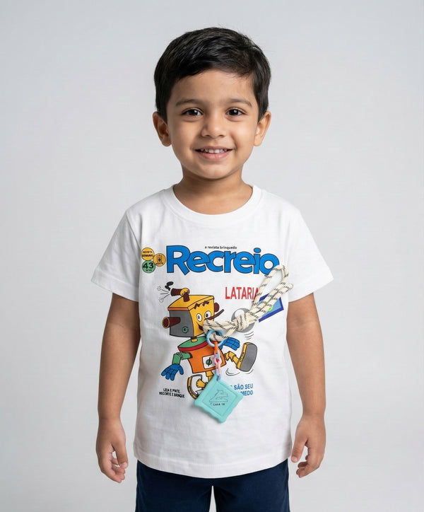 Fyst Cotton Knit Robot Graphic T-Shirt for Boys - White