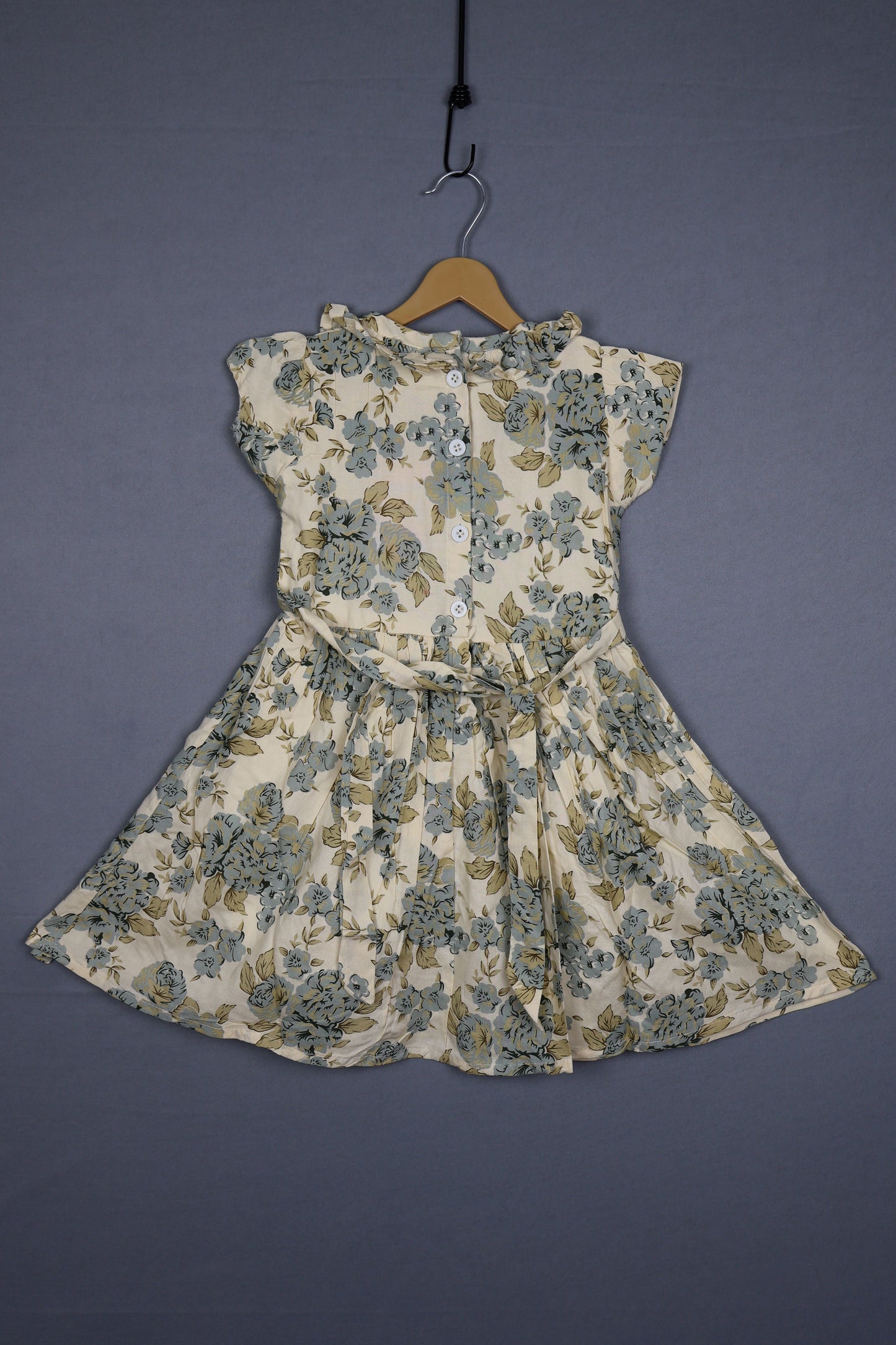 Fyst Premium Cotton Blue Rose Botanical Print Frock for Girls – Ivory & Slate