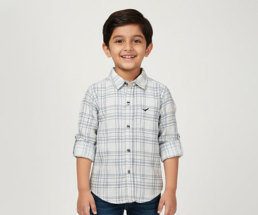 Fyst Cotton Grid Check Full Sleeve Shirt for Boys - White