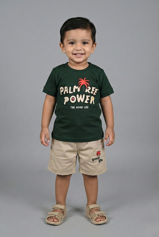 Fyst Cotton Knit Smart Casual Palm Tree Tee & Shorts for Boys - Dark Green & Beige