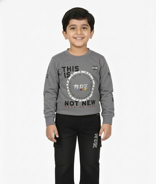 Fyst Cotton Knit Smart Casual Color Block Top and Pant Set for Boys - Grey & Black