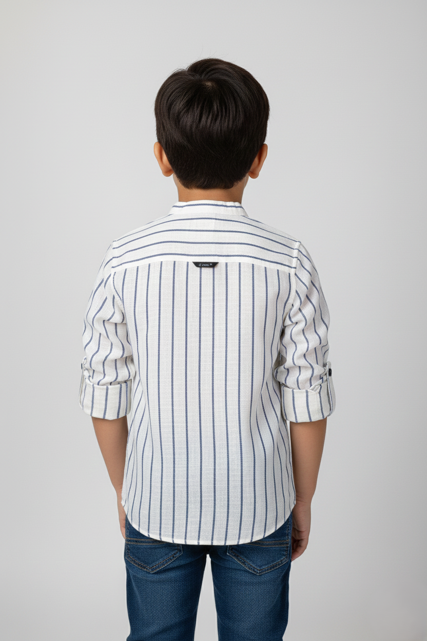 Fyst Premium Cotton Mandarin Collar Vertical Stripe Shirt for Boys - White & Blue
