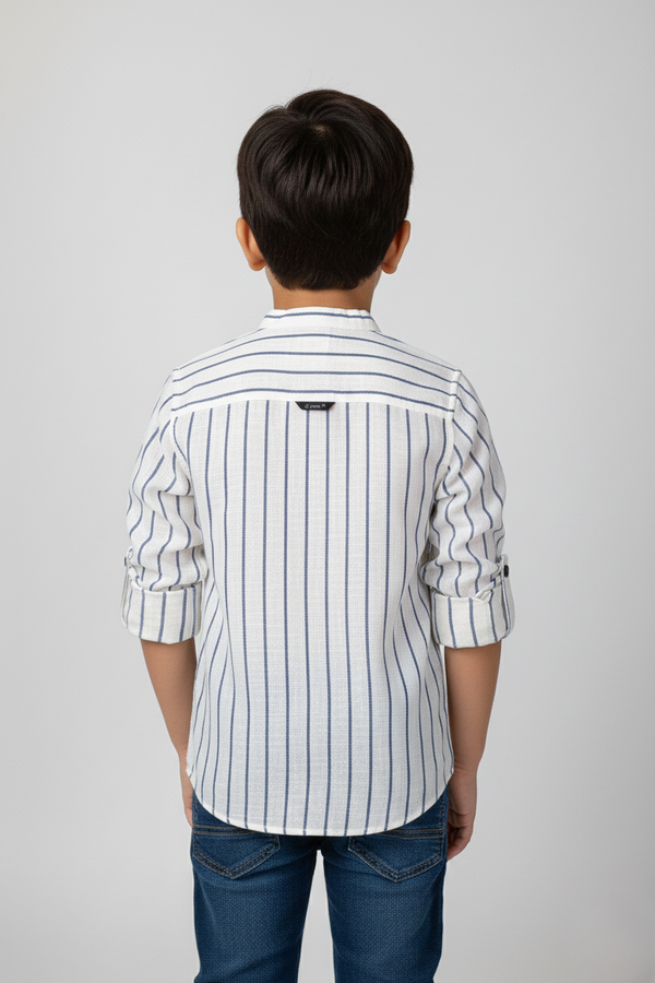 Fyst Premium Cotton Mandarin Collar Vertical Stripe Shirt for Boys - White & Blue