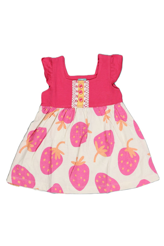 Fyst baby girl dress featuring a Pink flutter-sleeve knit top with button details and a multi-color checkered skirt with sun, shell, and floral prints.