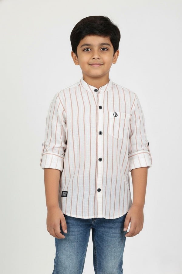 Fyst Linen Look Breathable Fabric Party Wear Shirt for Boys - Cream & Terracotta