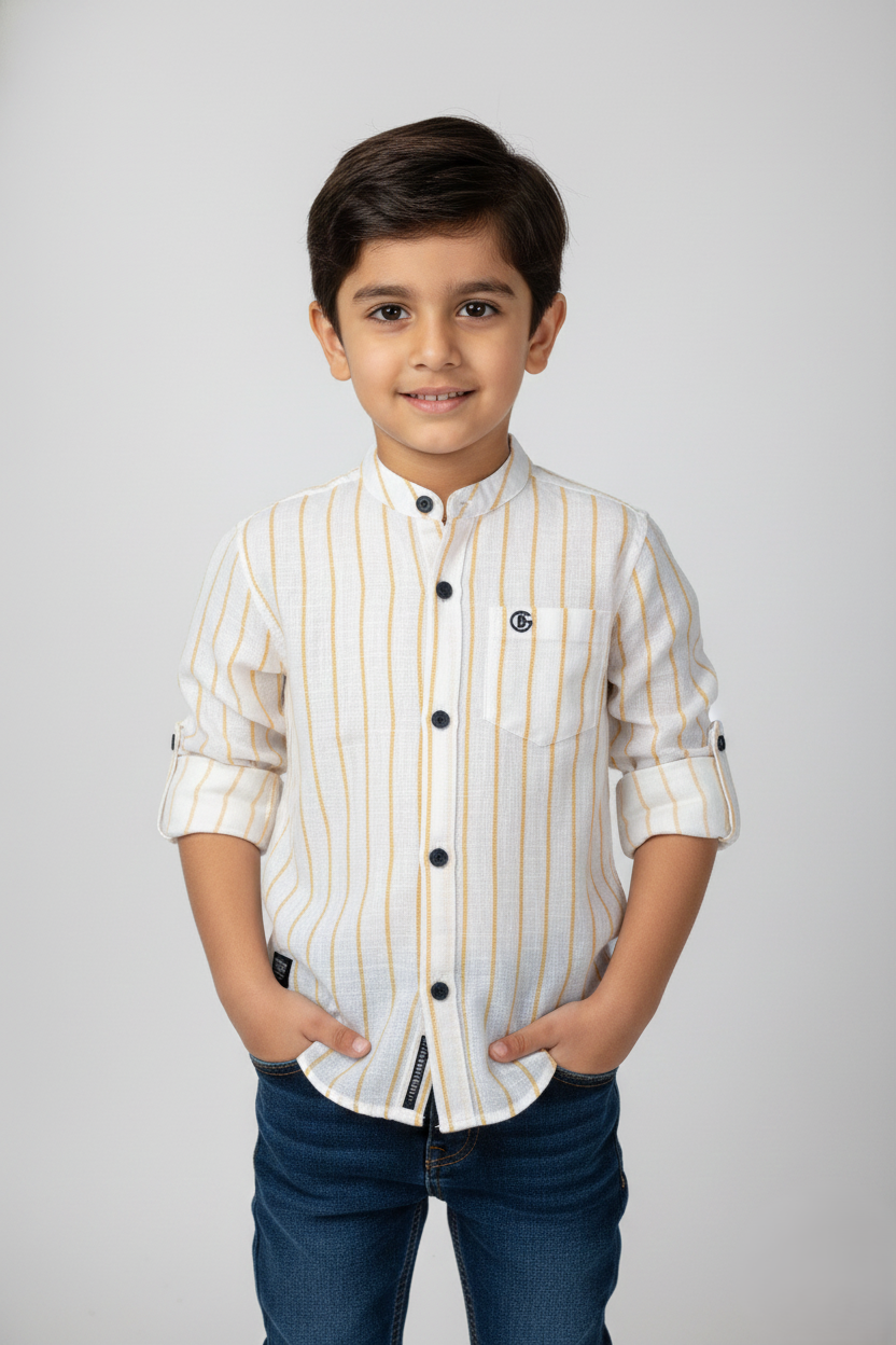 A front-facing studio image of a young boy wearing a Fyst brand off-white button-down shirt with vertical yellow pinstripes. The shirt features a mandarin collar, contrasting dark buttons, a single chest pocket, and rolled sleeves secured with button tabs. He is wearing blue jeans and posing with hands in pockets against a light grey background.