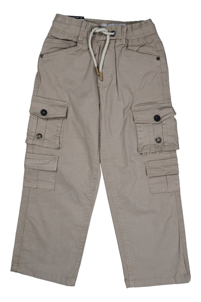 A pair of children's utility cargo pants in a deep navy blue. The pants feature a comfortable elastic waistband with a matching drawstring, two standard side pockets, and two large multi-compartment cargo pockets on the legs with secure button closures. They are shown as a flat lay against a neutral grey background.