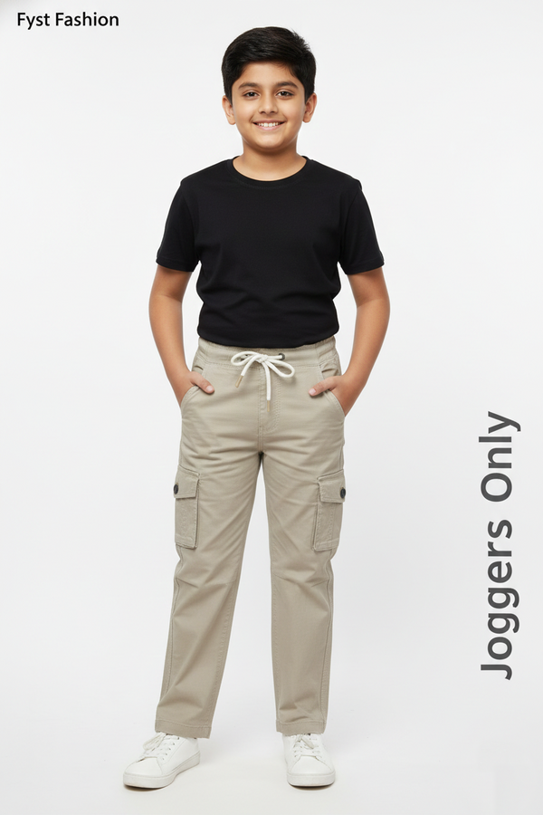 Fyst Cotton Elastic Waist Multi-Pocket Cargo Trousers for Boys - Beige