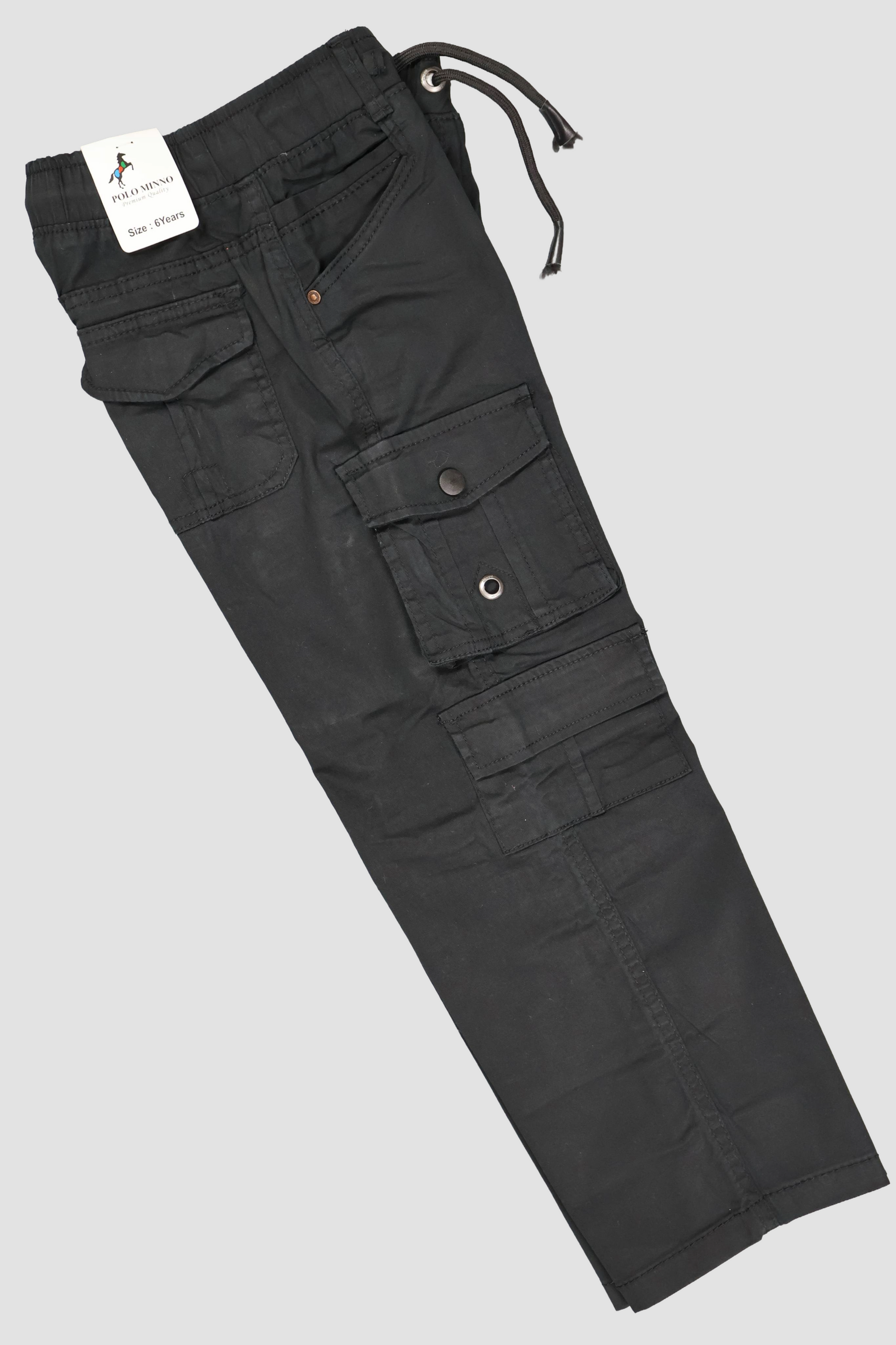 Black cargo pants with multiple pockets on a light gray background