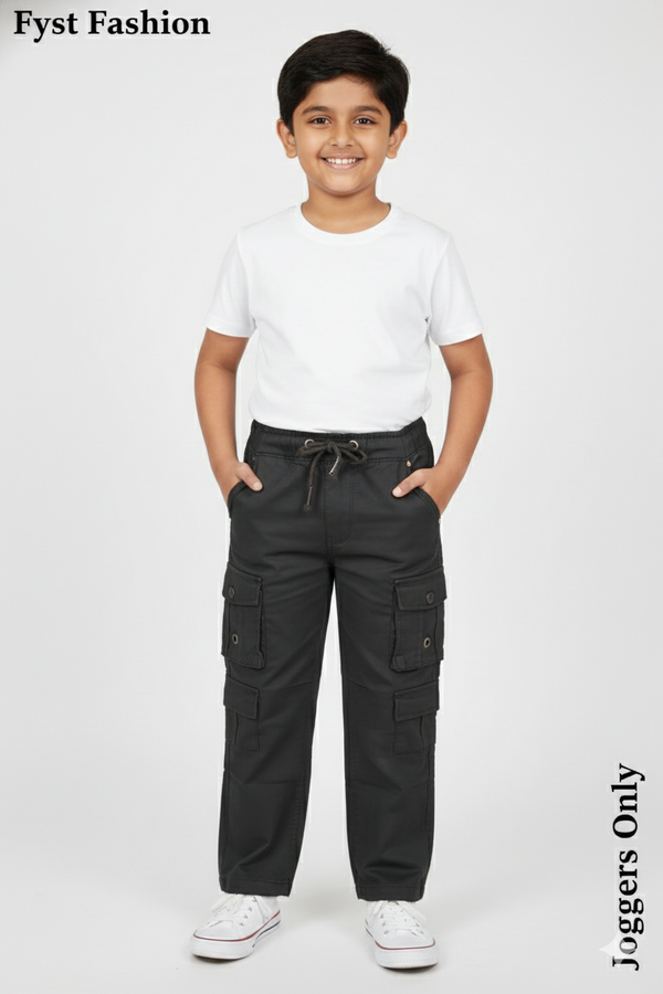 Fyst Cotton Elastic Waist Multi-Pocket Cargo Trousers for Boys - Black
