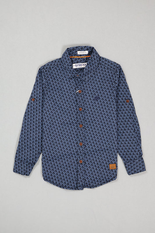 Fyst Boys' Navy Blue Long-Sleeve Button-Down Shirt with All-Over Light Blue Geometric Pattern and Brown Contrast Buttons, front view.