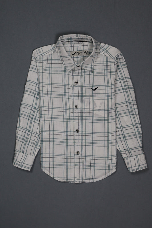 Fyst Boys' Off-White Long-Sleeve Button-Down Shirt with Blue Grid Check Pattern, flat lay view on grey background.