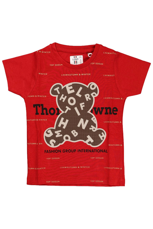 A children's bright red short-sleeve t-shirt. The front features a large brown bear silhouette graphic in the center, which is filled with white and black "THOM BROWNE" lettering. The shirt is shown as a flat lay against a light grey background.