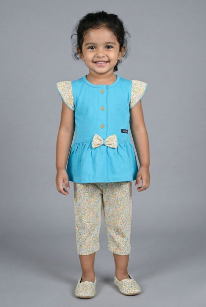 Fyst Cotton Knit Abstract Print Top & Bottom Set for Girls - Blue