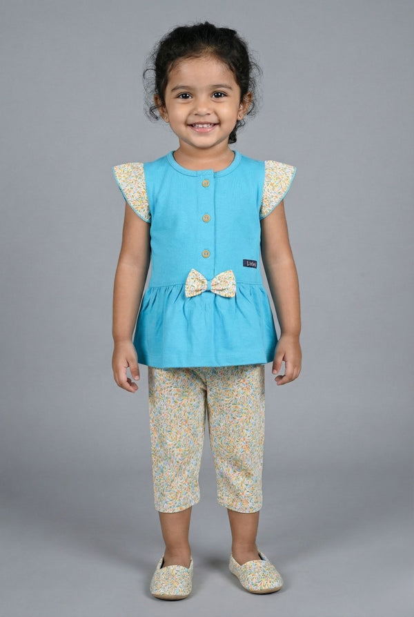 Fyst Cotton Knit Abstract Print Top & Bottom Set for Girls - Blue