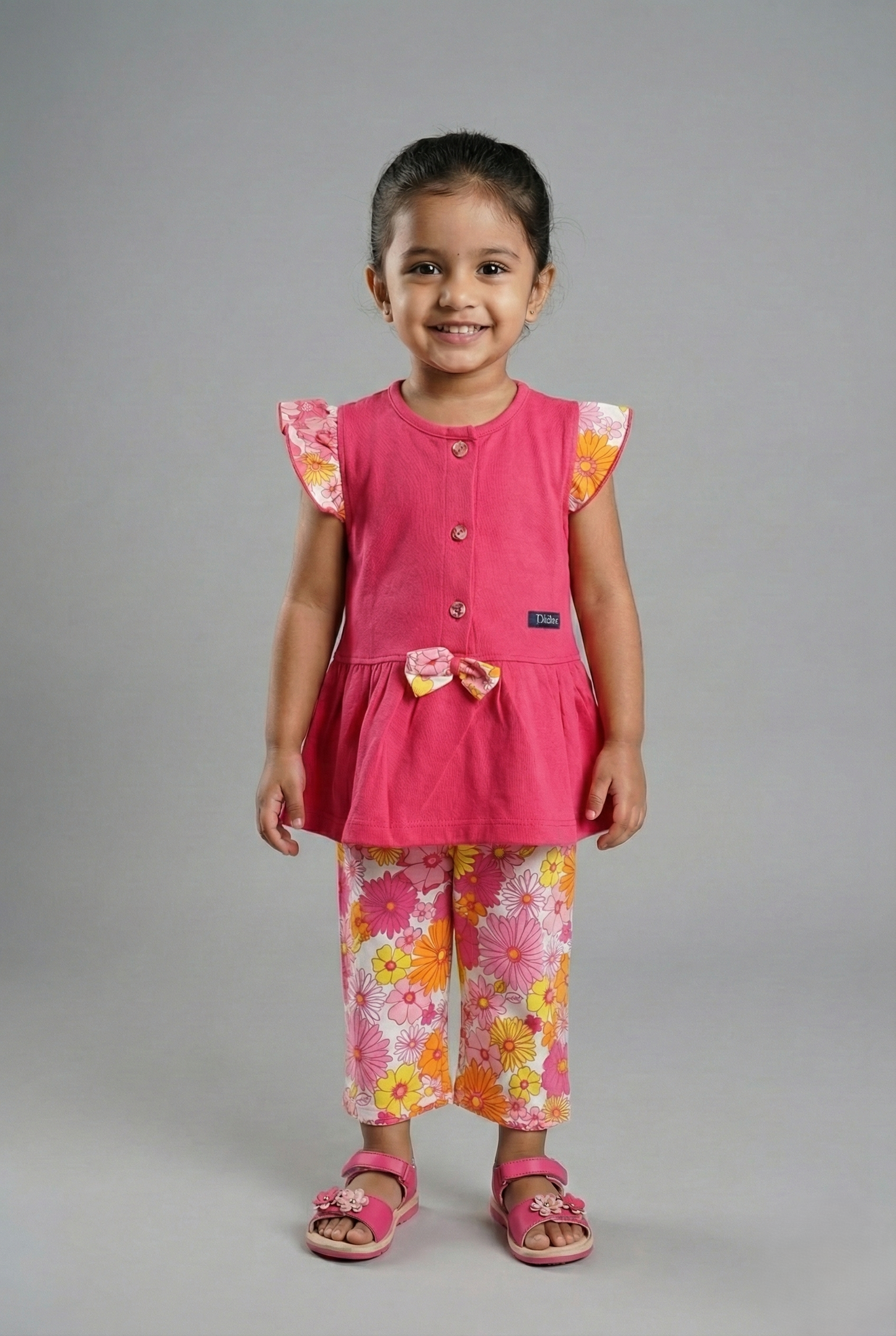 "Girls' 2-piece capri set featuring a hot pink button-down tunic top with floral ruffle sleeves and matching white capri pants with a pink, orange, and yellow retro floral print