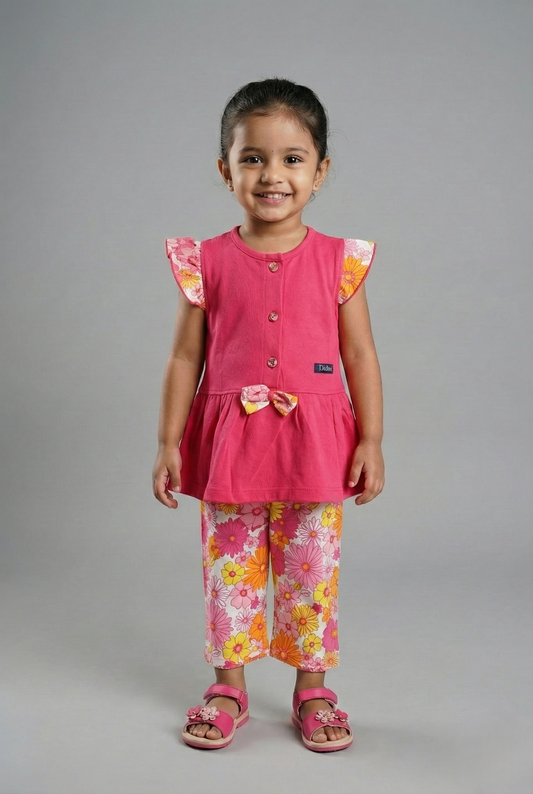 "Girls' 2-piece capri set featuring a hot pink button-down tunic top with floral ruffle sleeves and matching white capri pants with a pink, orange, and yellow retro floral print