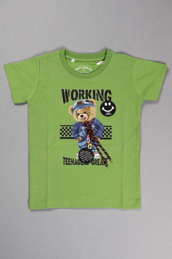 Fyst Cotton Knit Bear Graphic Print T-Shirt for Boys - Green
