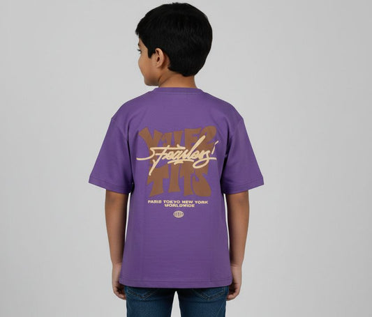 Child wearing a purple t-shirt with gold text on the back against a gray background