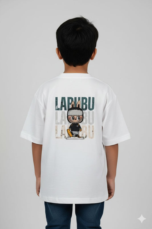 Person wearing a white t-shirt with 'LARMBU' branding and character design on the back.
