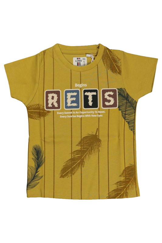 A children's mustard yellow short-sleeve t-shirt. The front features four distinct blocks containing the letters "RETS" over a backdrop of thin vertical lines and scattered brown and green feather graphics. The shirt is shown in a flat lay view against a neutral background.