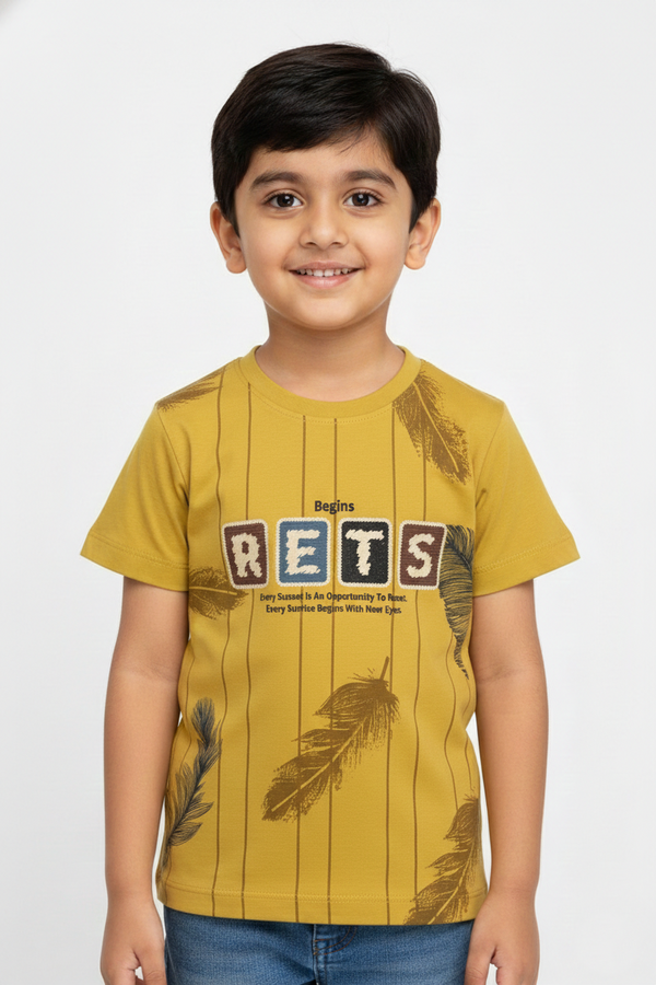 Fyst Cotton Knit Feather Print T-Shirt for Boys - Mustard Yellow