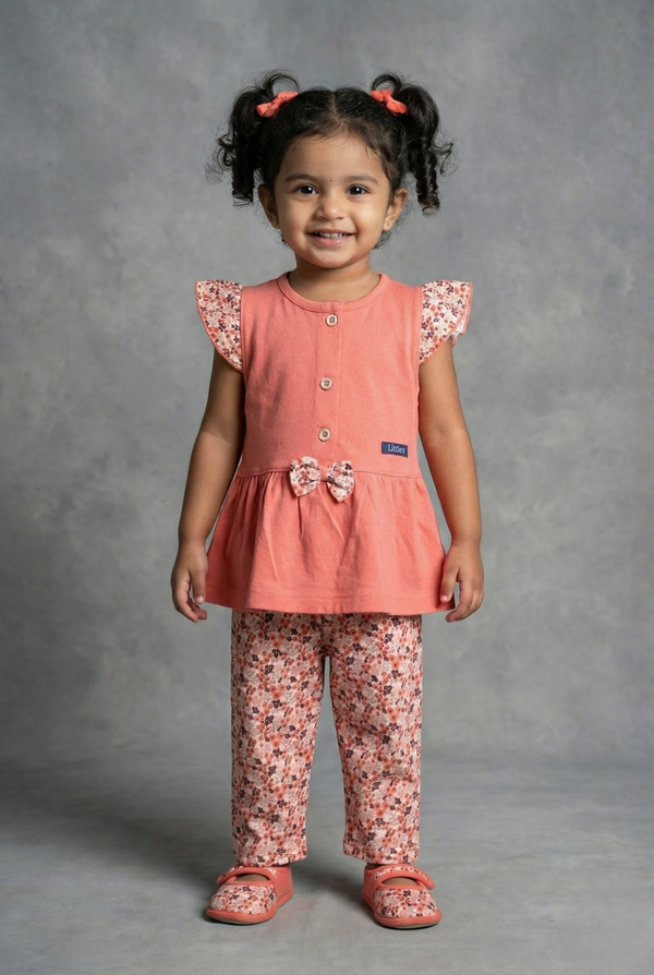 Fyst Cotton Knit Floral Print Top & Bottom Set for Girls - Peach
