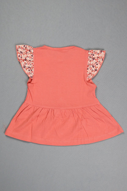 Fyst Cotton Knit Floral Print Top & Bottom Set for Girls - Peach