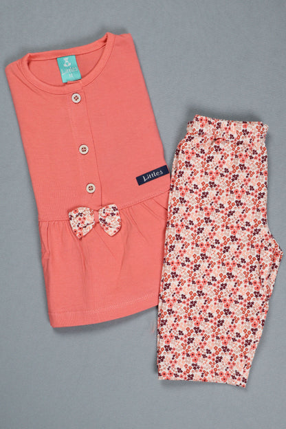 Fyst Cotton Knit Floral Print Top & Bottom Set for Girls - Peach