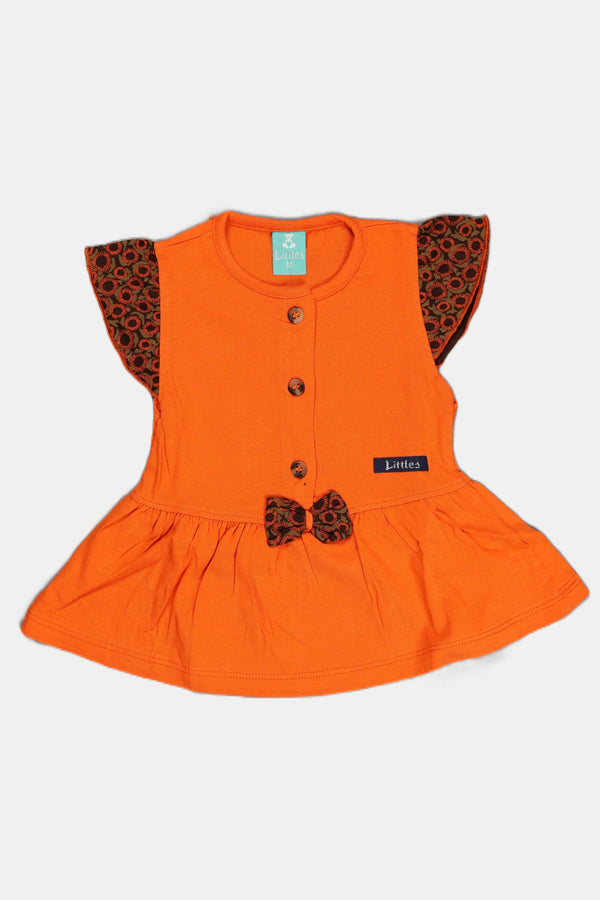 Fyst Cotton Knit Geometric Print Top & Bottom Set for Girls - Orange