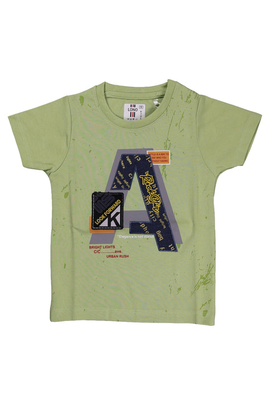 A children's sage green short-sleeve t-shirt featuring a large stylized letter "A" graphic on the center. The design includes yellow and navy blue accents with abstract "splatter" print details across the fabric. The shirt is displayed as a flat lay against a neutral background.