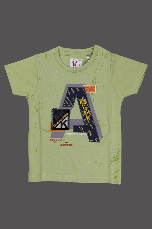 Green t-shirt with a large letter 'A' and various graphics on a gray background