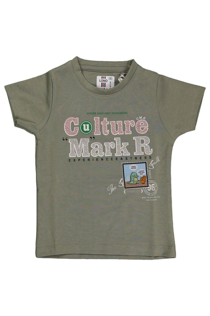 A children's mustard Olive Green short-sleeve t-shirt. The front features four distinct blocks containing the letters "RETS" over a backdrop of thin vertical lines and scattered brown and green feather graphics. The shirt is shown in a flat lay view against a neutral background.